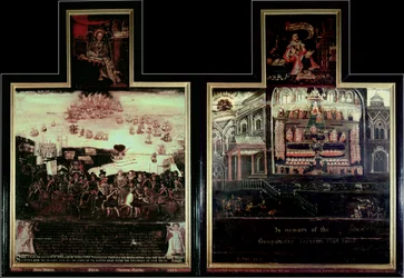 Diptych depicting the Arrival of Queen Elizabeth I at Tilbury, the Defeat of the Spanish Armada and the Gunpowder Plot
